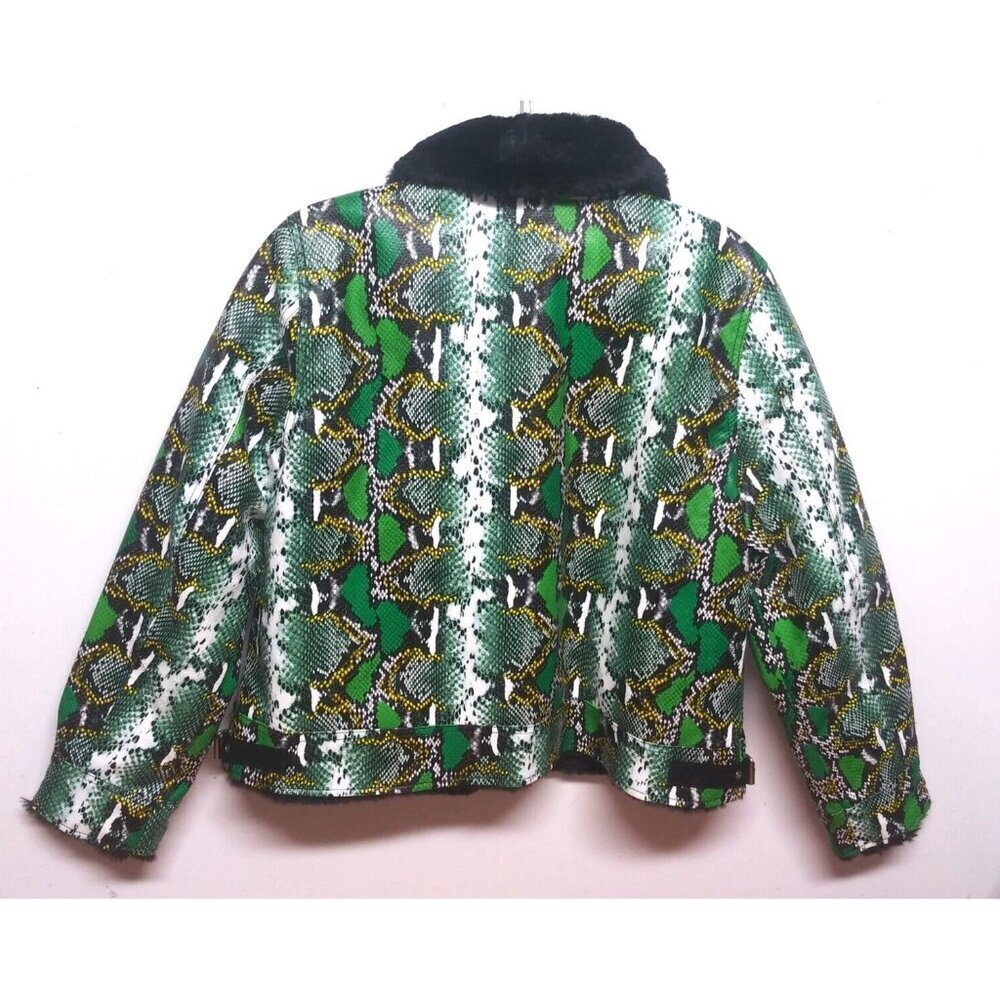 NEW MOD-X Bomber Jacket SNAKE REPTILE PRINT Womens XL Green black FAUX FUR LINED - Picture 5 of 15